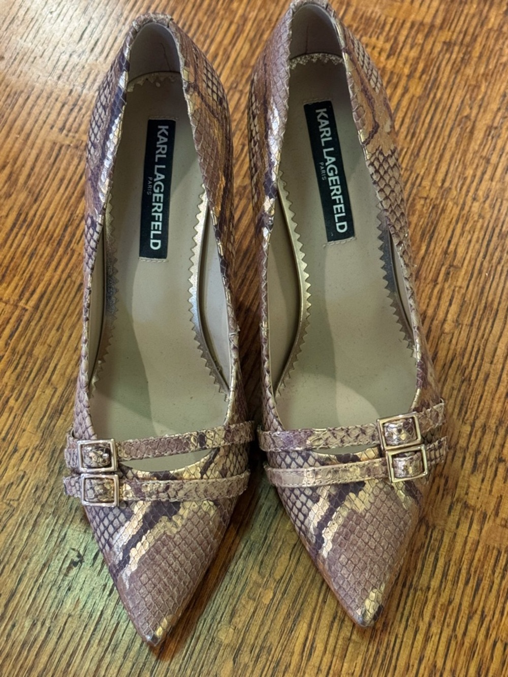 Karl Lagerfeld Pointed Toe Snakeskin Pumps in Brown and Gold